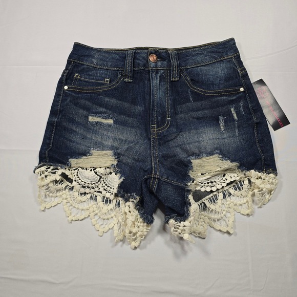 No Boundaries Pants - No Boundaries Crochet Lace Trim Distressed Denim Shorts Dark Wash Size 3 Womens